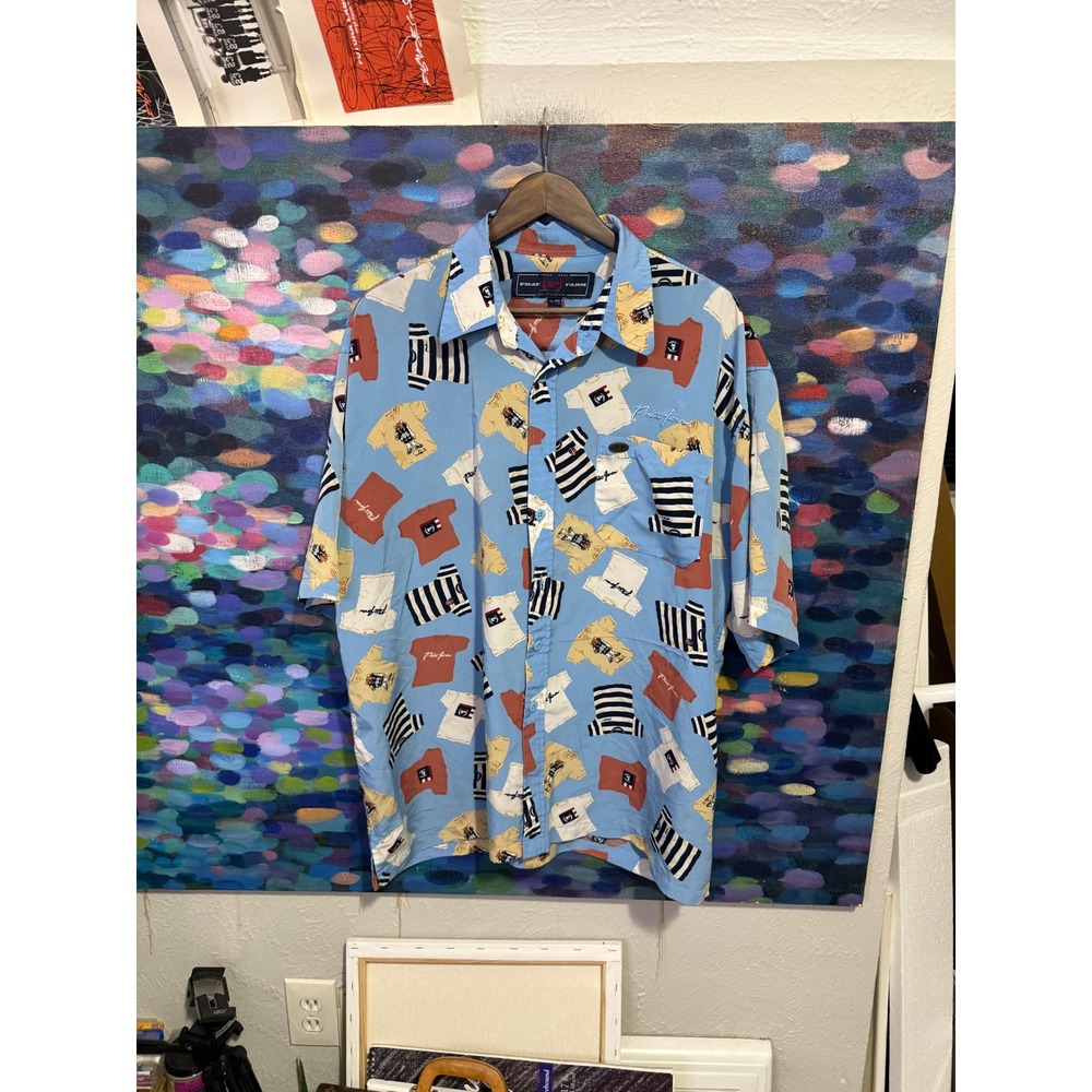 Phat Farm Mens XL Blue All Over Graphic T-Shirt Print Button Down Shirt Vintage